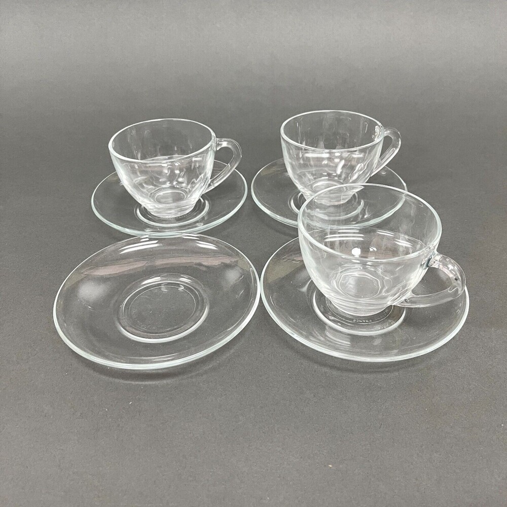 Arcoroc France Glass Cups and‎ Saucers Sets Classique Clear Lot of 7 Pieces